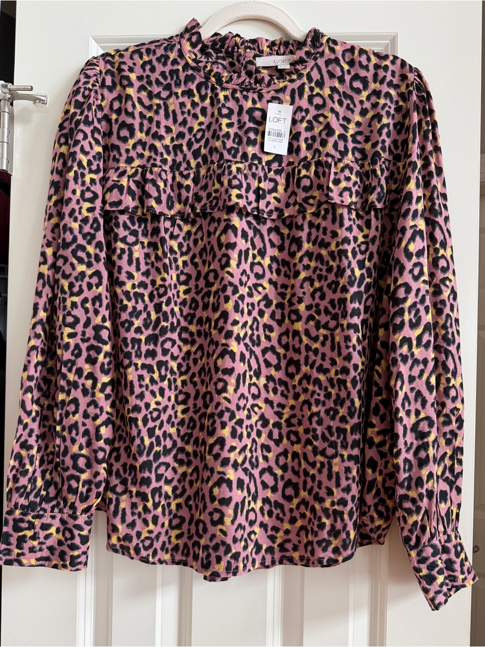 NWT LOFT Pink Leopard Print Ruffle Blouse Sz L Pastel Fall Cheetah Office Indie